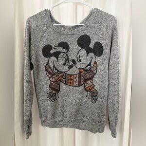 Disney Gray Women's Crewneck Sweater with Mickey & Minnie Scarf Graphic